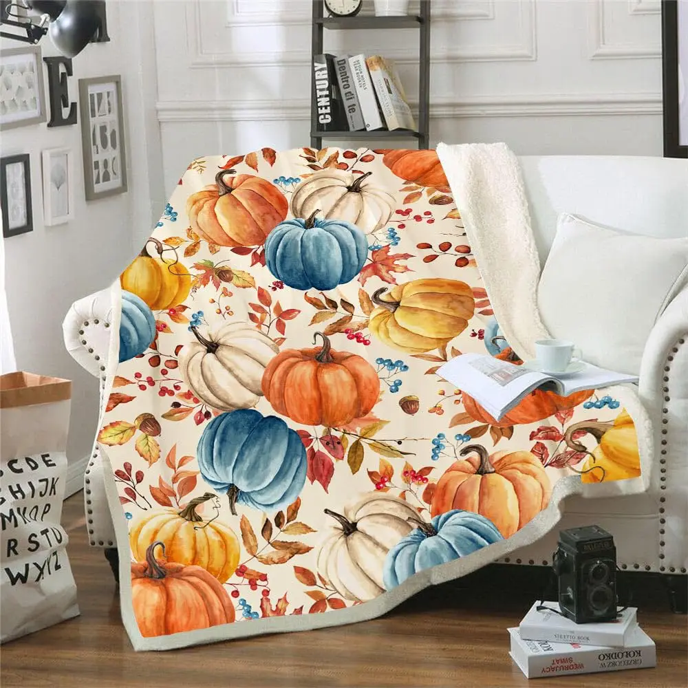 Fall Throw Blanket Pumpkins Leaf Berry 3D Printed Double Layer Blankets for Bed Sofa Cozy Fluffy Quilts Dropshipping