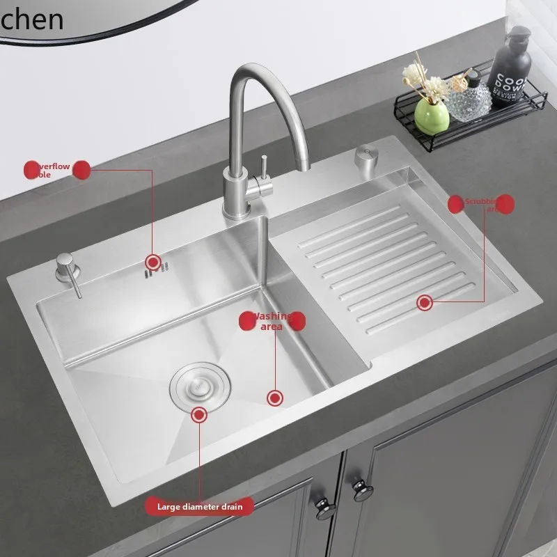 HT Stainless Steel Balcony Laundry Basin Laundry Sink with Washboard Outdoor Handmade Thickened Large Single Sink