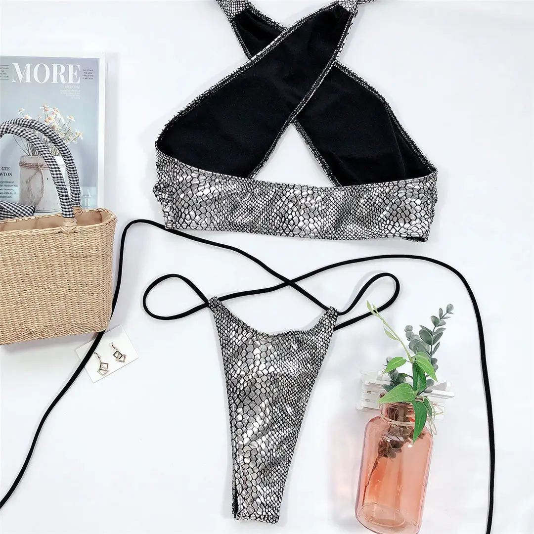 2026 Glänzender Neckholder-Tanga-Bikini Damen-Bademode Zweiteiliger Bikini-Set Wickel-Badeanzug Badebekleidung V2089 – Detail 18