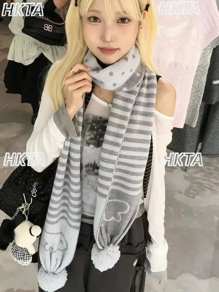 2025年-カレッジスタイル-個性派-水玉模様-ストライプ柄-スカーフ-レディース-サブカルチャー-秋の新作-ファッション-多用途-暖かい-ブラック-スカーフ-女性用