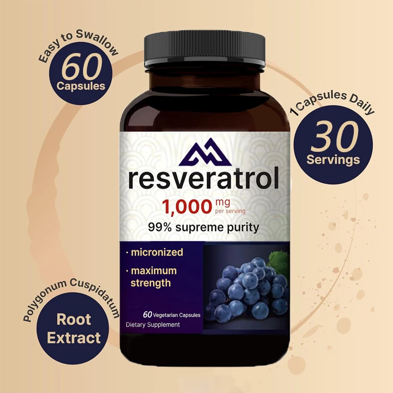 Pure Trans Resveratrol 60 Cápsulas, Suplementos Ótimos, Envelhecimento Saudável, Suporte Cérebro e Coração