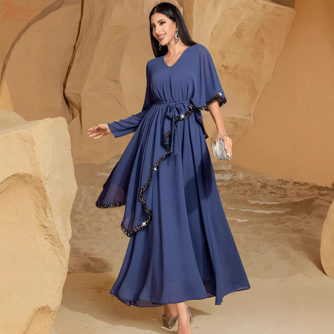 

Uni Morocco Irregular Hem Abayas 2025 Muslim Elegant Women Evening Dress V-Neck Mesh Sleeve Belt included