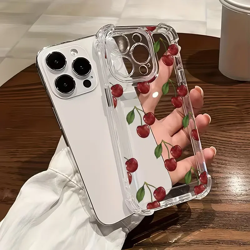 Cute Cherry Four Corner Anti Drop Transparent TPU Phone Case For iPhone 17 16 15 14 13 12 11 Pro Xs Max Plus Air XR X Back Cover