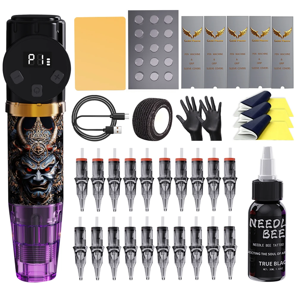 Wireless Rotary Tattoo Pen Kit LCD Display Rechargeable Machine with Cartridge Needles Ink for Beginners