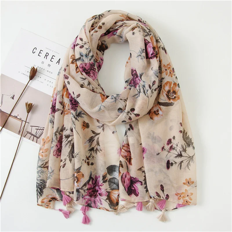 Fashion Printing Flower Tassel Shawl Cotton Viscose Scarf Women Beach Sunscreen Shawl Muslim Hijab Wrap Headscarf 180*90cm