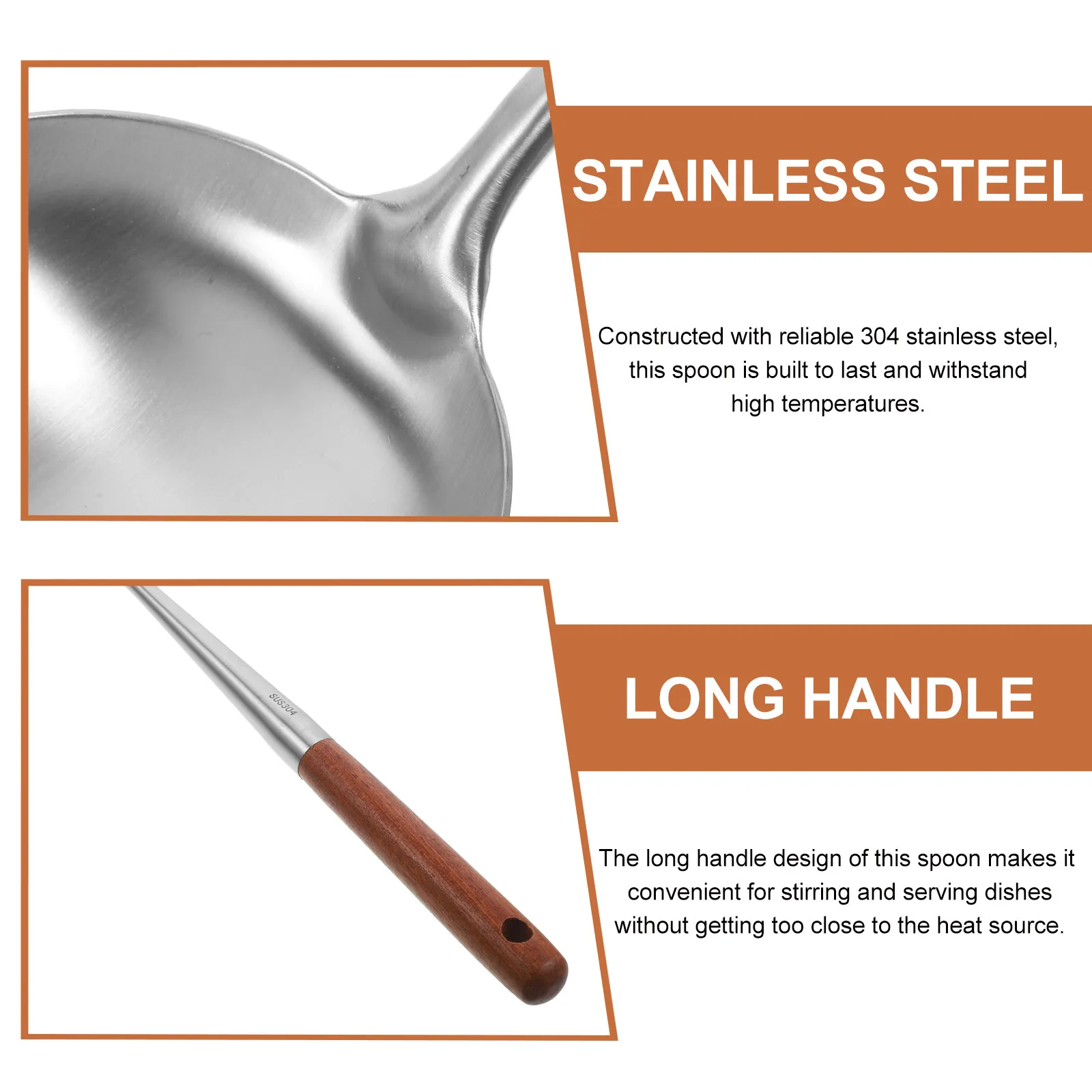

Кухонная ложка из нержавеющей стали с деревянной ручкой, длинная ручка, половник для супа, кухонный инструмент, ложка для жарки и перемешивания, термостойкая