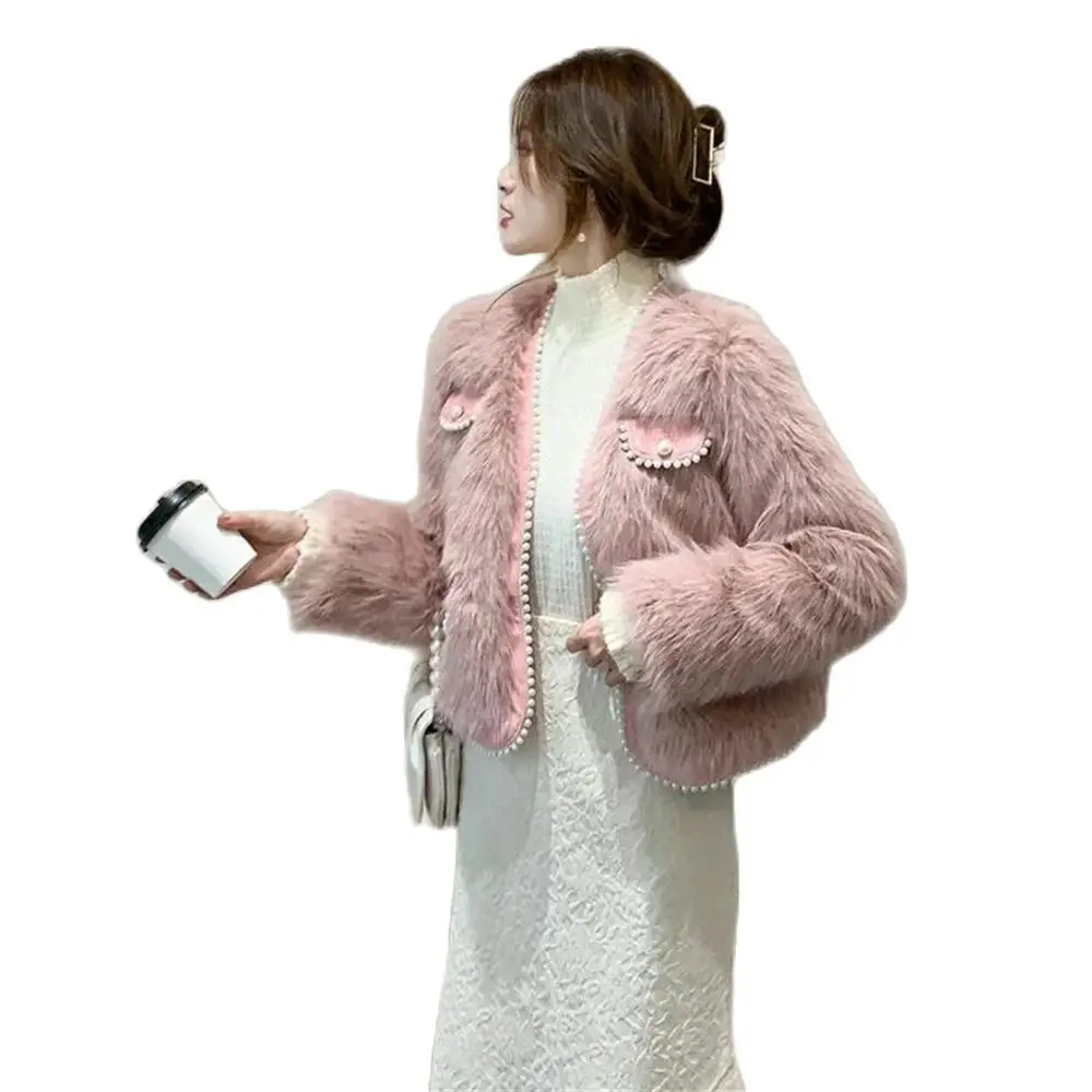 

2024 Winter Women Jacket Lapel Long Sleeve Patch PU Cross Fur Cotton Coat Beads Fur Outerwer Imitation Rabbit Overcoat Warm