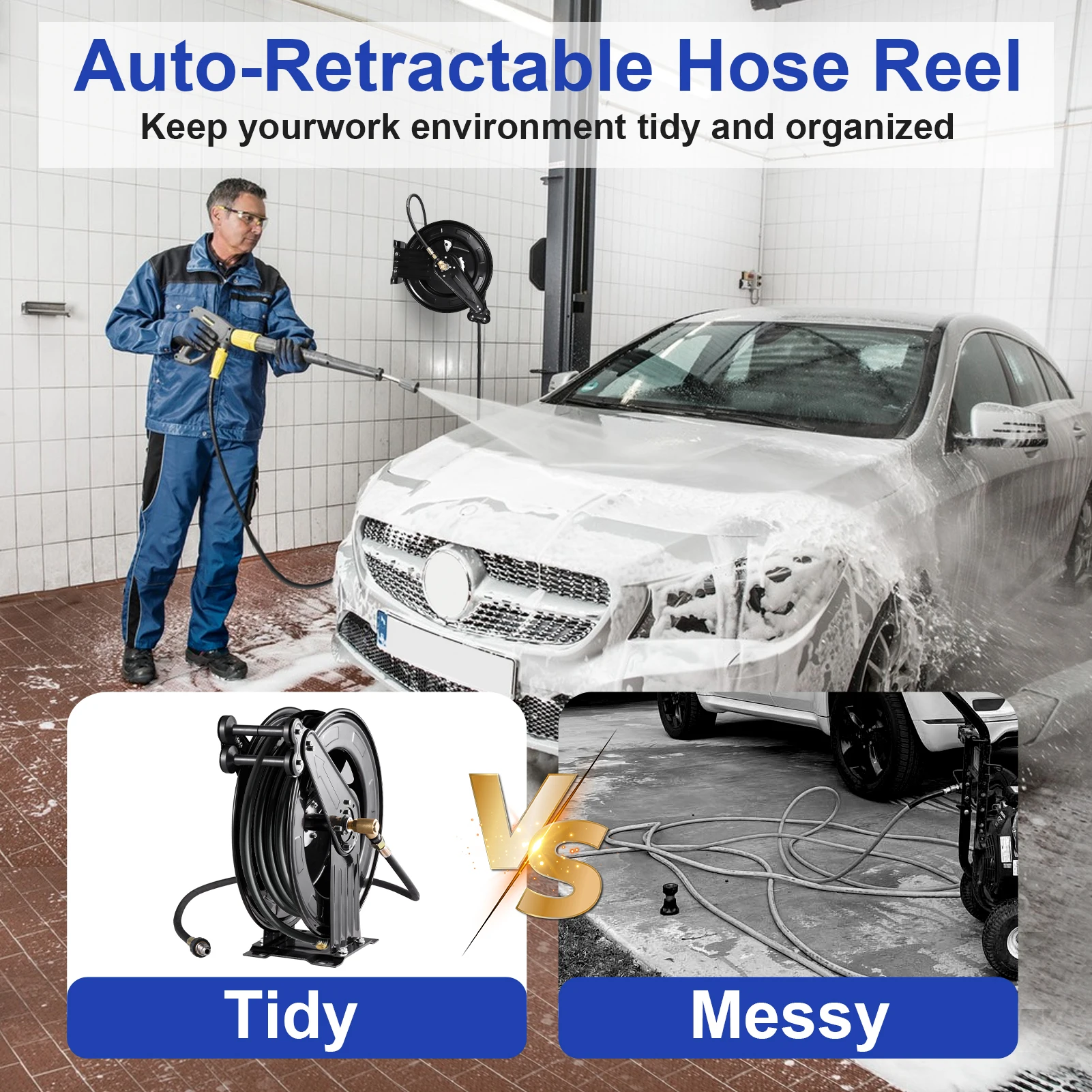 Heavy Duty Pressure Washer Hose Reel 50 FT x 0.59 Inch, Industrial Grade Steel Double Arm Manual Crank Reel, 4000 PSI High Pressure Washer Hose Storage, Wall Floor Ceiling Mounted Swivel Bracket for Air Water Liquid Use