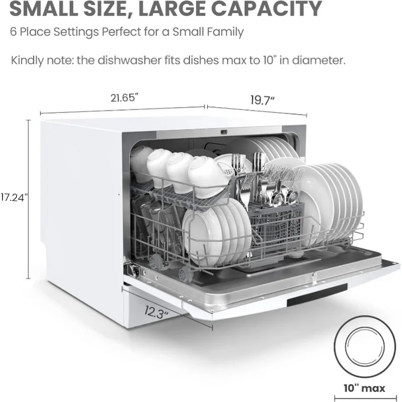 Portable Mini Dishwasher, Energy Star, Countertop, 6 Place Settings, with 8 Washing Programs, Speed, Baby-Care, ECO& Glass