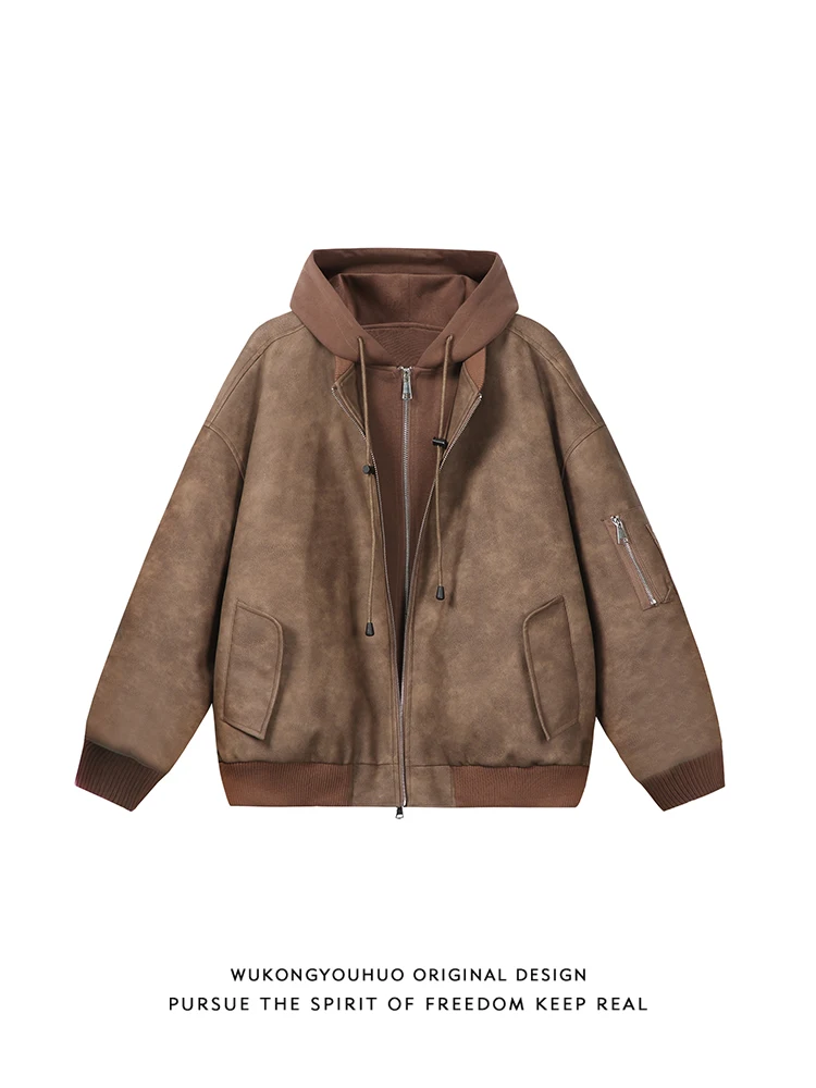 

Retro Brown Spliced Loose Men's Cotton Jaet with Hood for Couples PU Leather Cotton Clothes Warm Youthful Trendy Casual