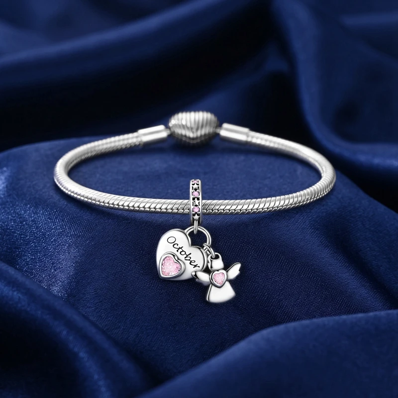 925 Sterling Silver October Birthstone Heart Lock Dangle Charm Pink Opal CZ Heart Angel Pendant Bead Fit Bracelet Jewelry Gift