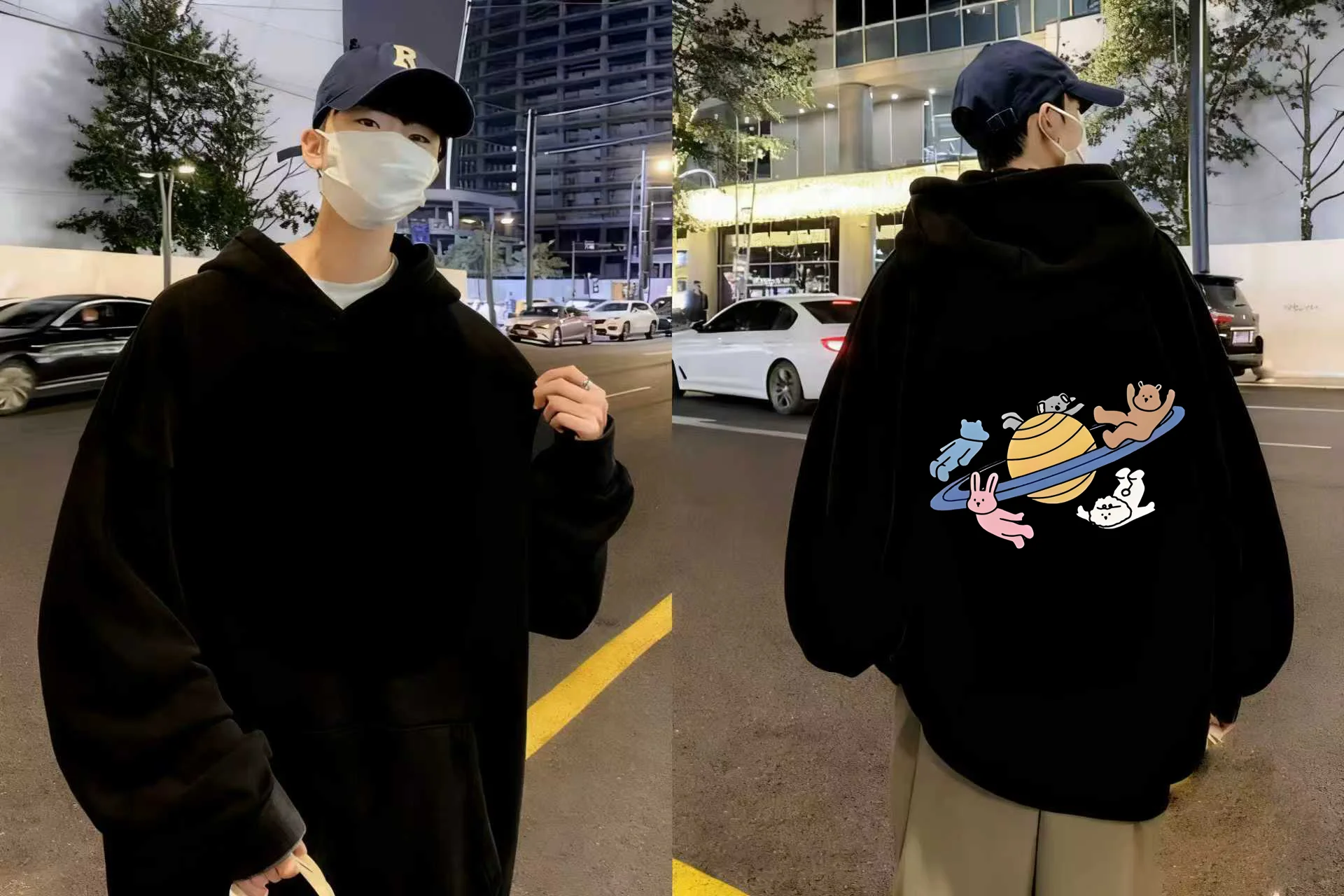 2025 جديد الحيوان كوكب طباعة هوديي 330 جرام الوزن الثقيل الأسود البلوز لطيف الدب الأرنب القط الظهر تصميم للجنسين الشارع الشهير عادية #1