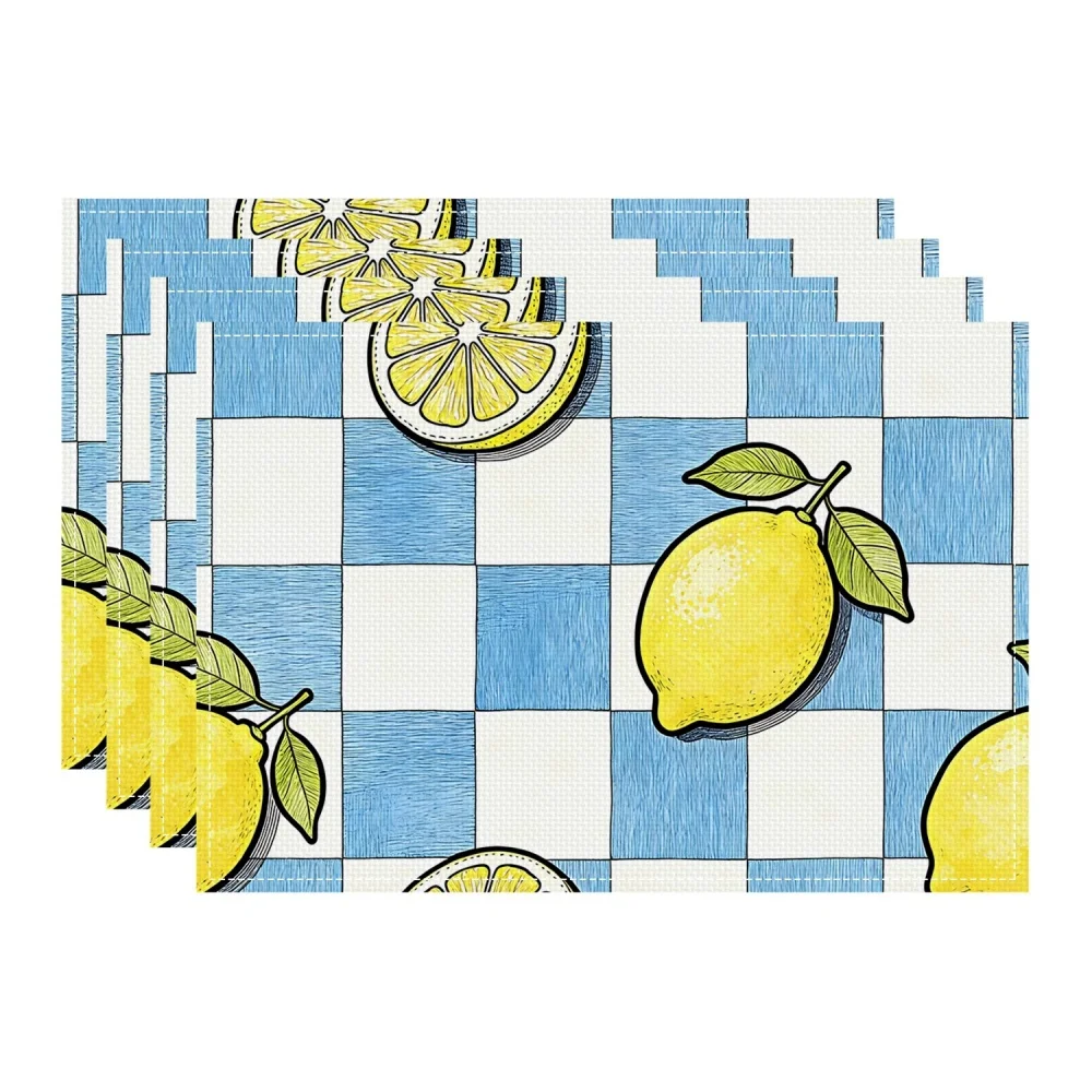 Blue White Gingham Lemon Slice Printed Placemats,Elegant Table Decor,Kitchen Breakfast Tray Display,Minimal Fresh Home Decor