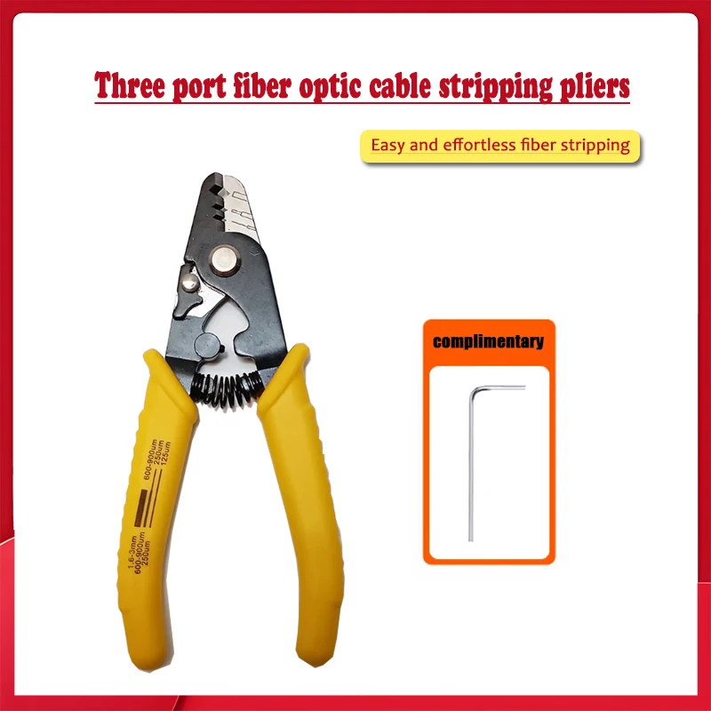 Fiber Optic Stripper, 3-Hole Fiber Stripping Pliers for 125μm/250μm/900μm Optical Fiber, Ergonomic Yellow Handle Wire Stripper T