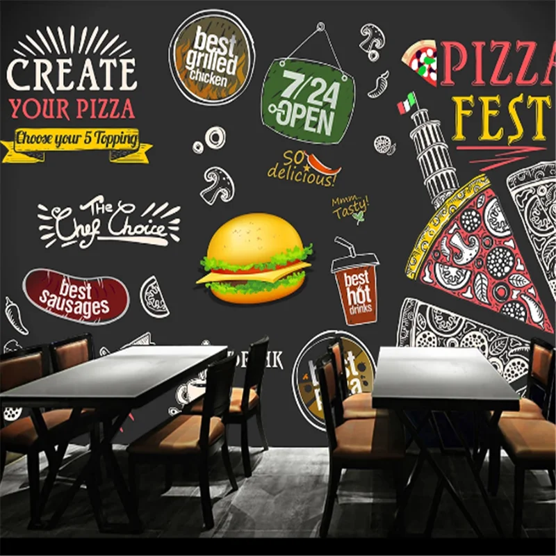 Custom 3D Snack Bar Hamburger Pizza Wall Paper  Burgers Western Fast Food  Restaurant black Background Wall Mural Wallpaper 3D