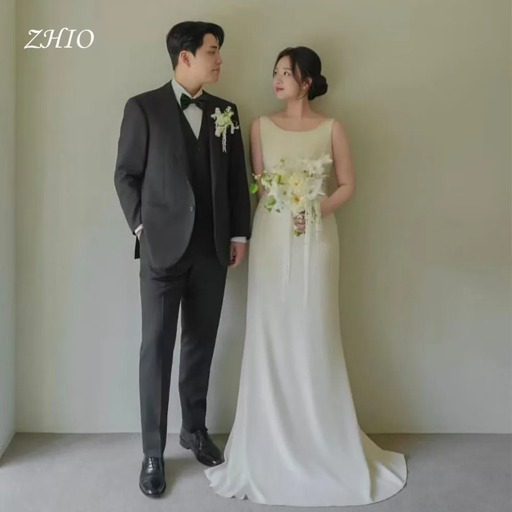 ZHIO Elegante abito da cerimonia nuziale Colletto rotondo Maniche lunghe fino al pavimento Raso avorio Corea Servizio fotografico Abito da sera Personalizzato nnegolare