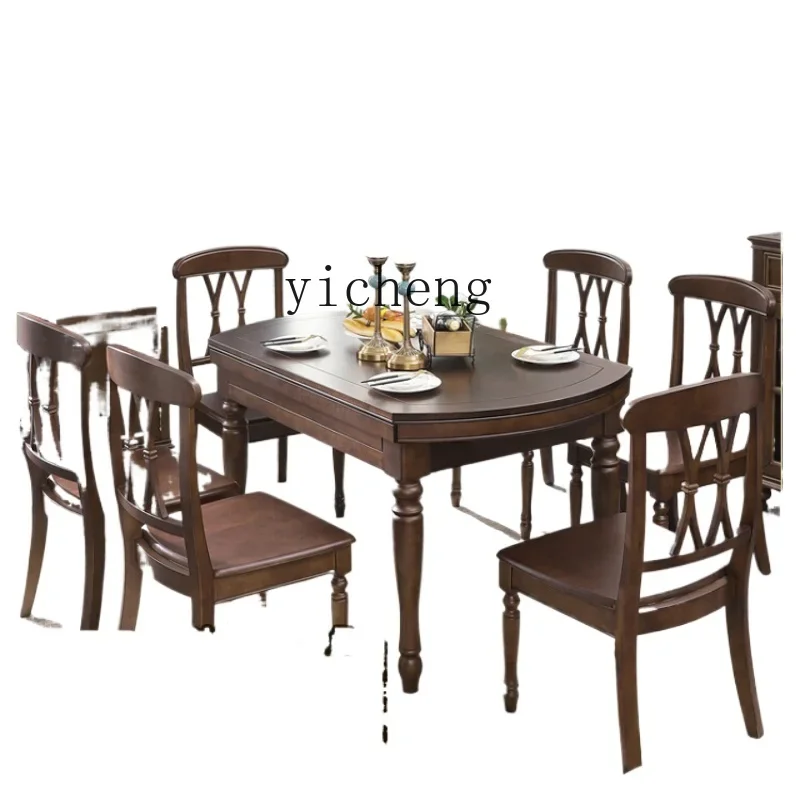 ZK Retractable Folding Oval Household Variable Round Table Country Retro All Solid Wood Dining Tables and Chairs Set