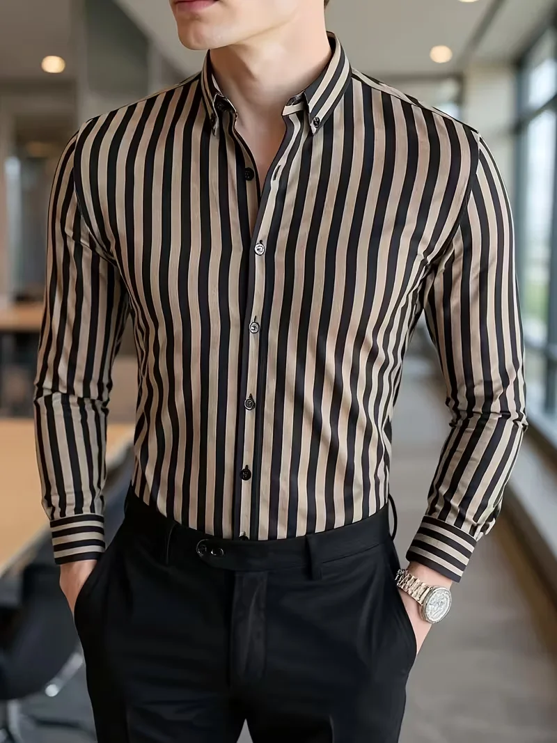 Camisa listrada masculina da moda: estilo elegante, casual e ao ar livre com mangas compridas, design de lapela e botões, macia e confortável