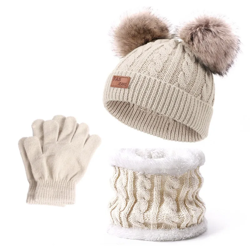 Caldo inverno cappelli per bambini sciarpa guanti set bambini pompon di lana cappello per bambini berretto per bambini ragazzo ragazza sciarpe