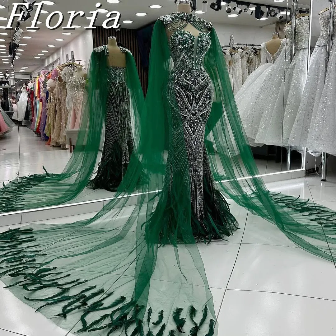 

Dark Green Cap Sleeves Maxi Mermaid Evening Dresses With Feathers Modern Crystals Long Prom Party Gowns Dress Customized