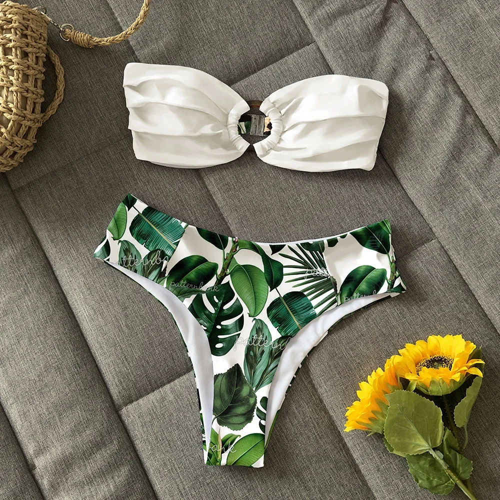 Bikini estampado de cintura alta para mujer, traje de baño de banda con realce, ropa de playa femenina, 2024