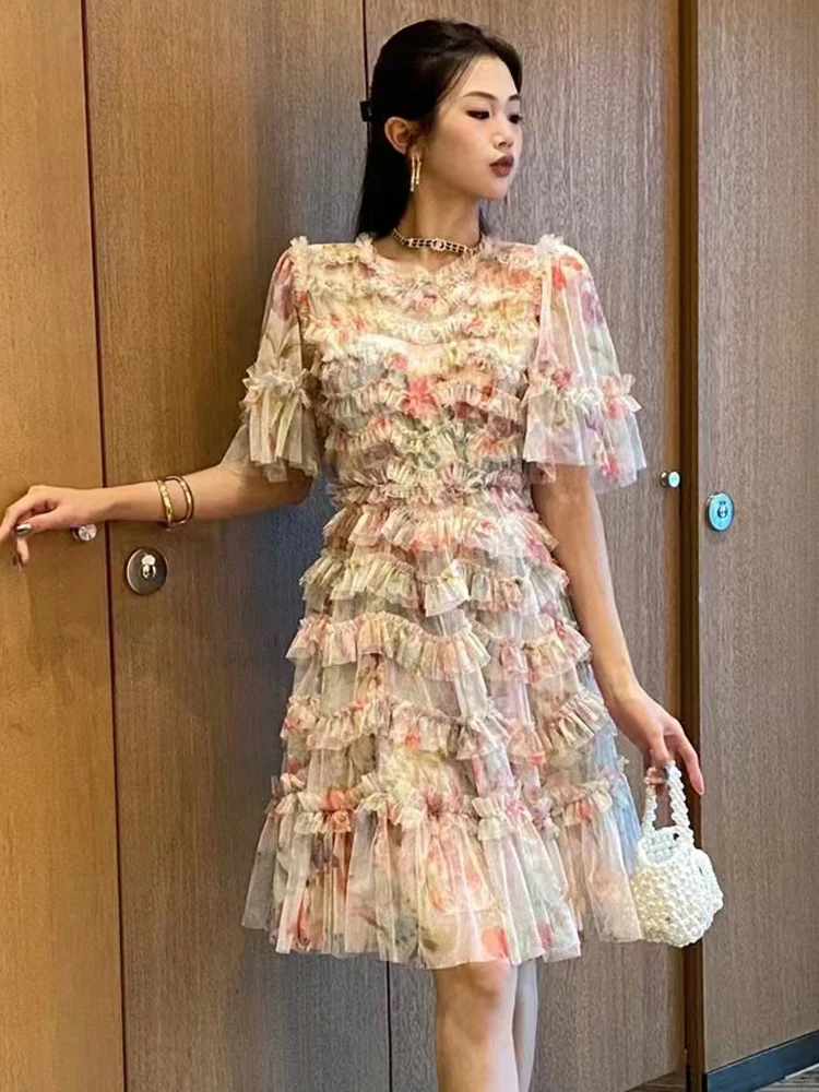 SEQINYY Elegant Mini Dress Summer Spring New Fashion Design Women Runway Short Sleeve Vintage Flower Print Mesh Ruffles Party