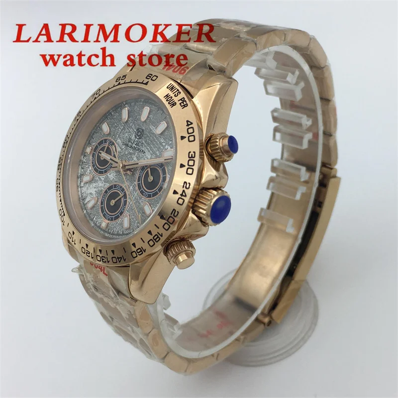 นาฬิกาควอตซ์โครโนกราฟ39มม. แฟชั่นหรูสำหรับผู้ชายนาฬิกาเหล็กทองคำสีกุหลาบหน้าปัดสีเทาคริสตัลแซฟไฟร์เคลื่อนไหว VK63