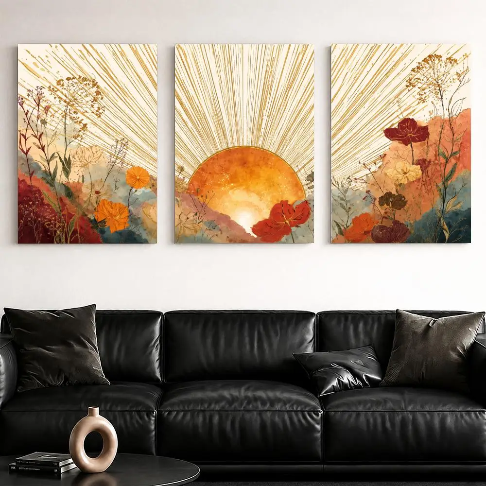 Sunrise Among the Flowers Framed Wall Painting Ready to Hang Canvas Wall Art Poster for Bedroom Living Room Home Decor Gift
