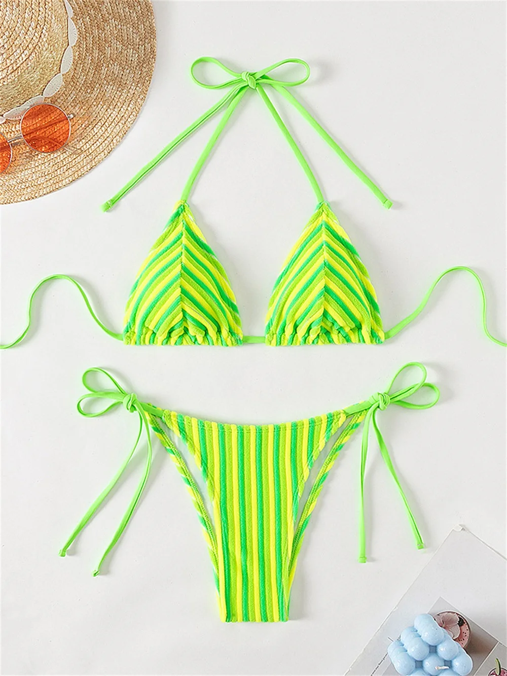EINY Towel Cloth Triangle Halter Neck Tie Up Striped Bikini Set For Women Summer Swimsuit Beach Vacation Low Waisted Swimwear