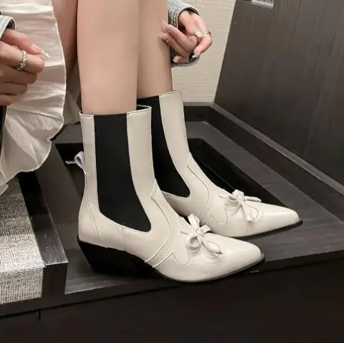 

New Women Beige Black Cow Leather Bow Tie Chelsea Med Heels Short Boots Female Pointed Toe High Heel Mid-calf Boots Shoes Lady