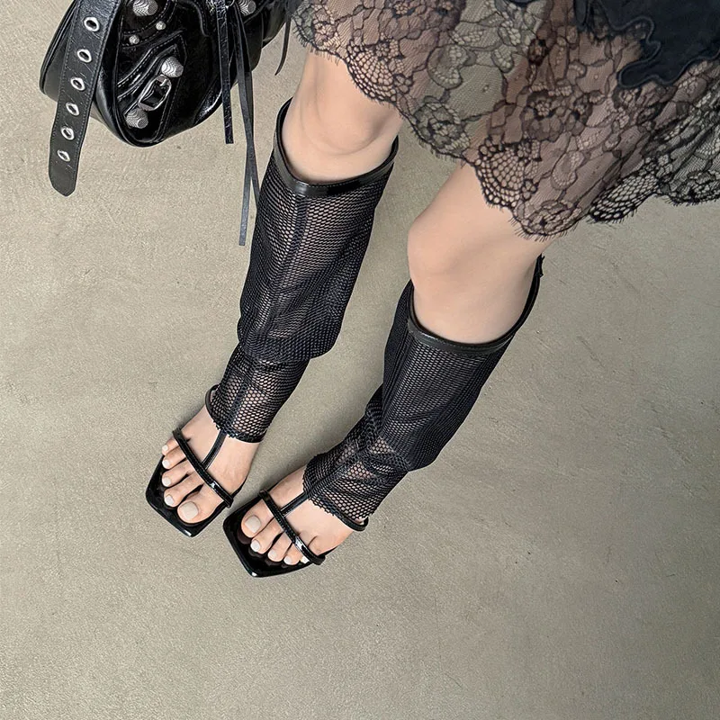 

Arden Furtado Summer Mesh Turned-over Edge cowhide Knee high boots Square toe Back zipper Stilettos heel Open toe Cool boots