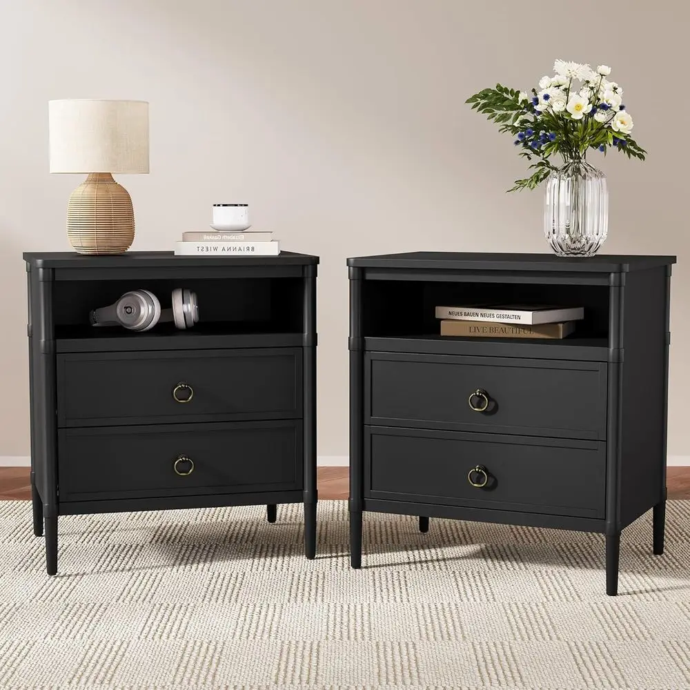 Modern 2-Drawer Nightstand with Open Shelf and Twisted Ring Pull Handles for Bedroom
