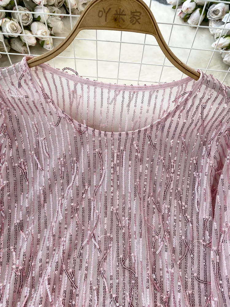 Autumn New Women's Long Sleeve T-shirt Fashion Round Neck Loose Sequin Tassel Top Versatile Breathable Mesh Sunscreen Shirt