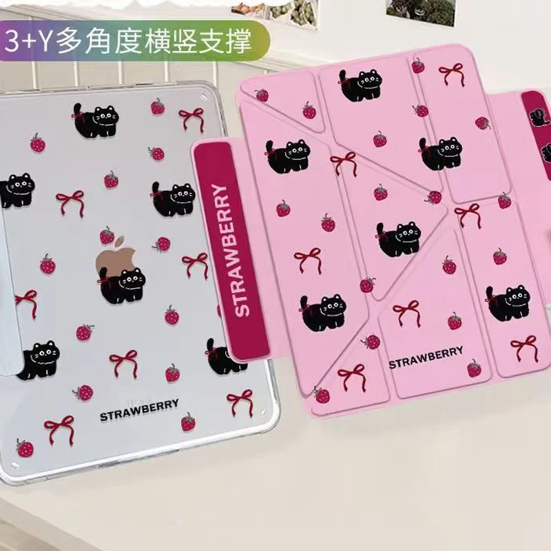 

Защитный чехол Y-fold Buckle для iPad Air 4, 5, 6, 7 с отсеком для стилуса, 11 и 12,9 дюймов, мультяшный, премиум-класса, розовый бант, черная кошка