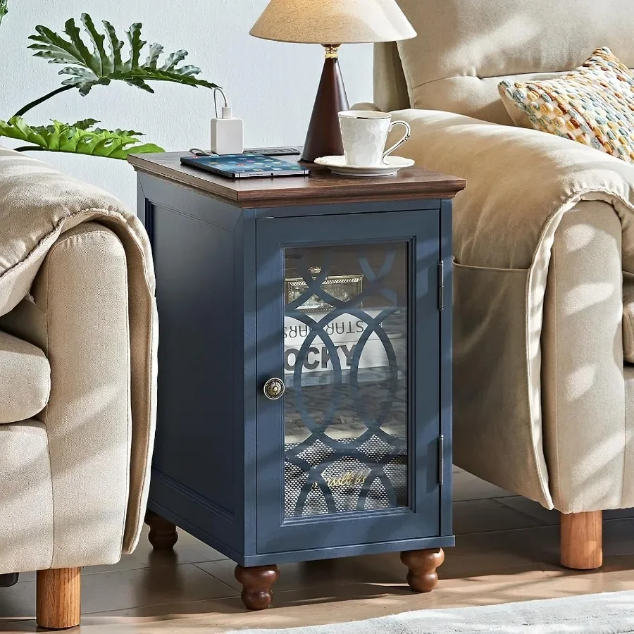 Narrow Side Table Set 2, Glass Door Storage