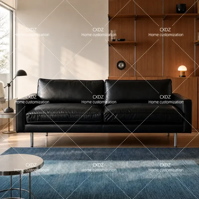 Medieval Black Leather Sofa Small Apartment Living Room Straight Row Simple Retro Leather Couch