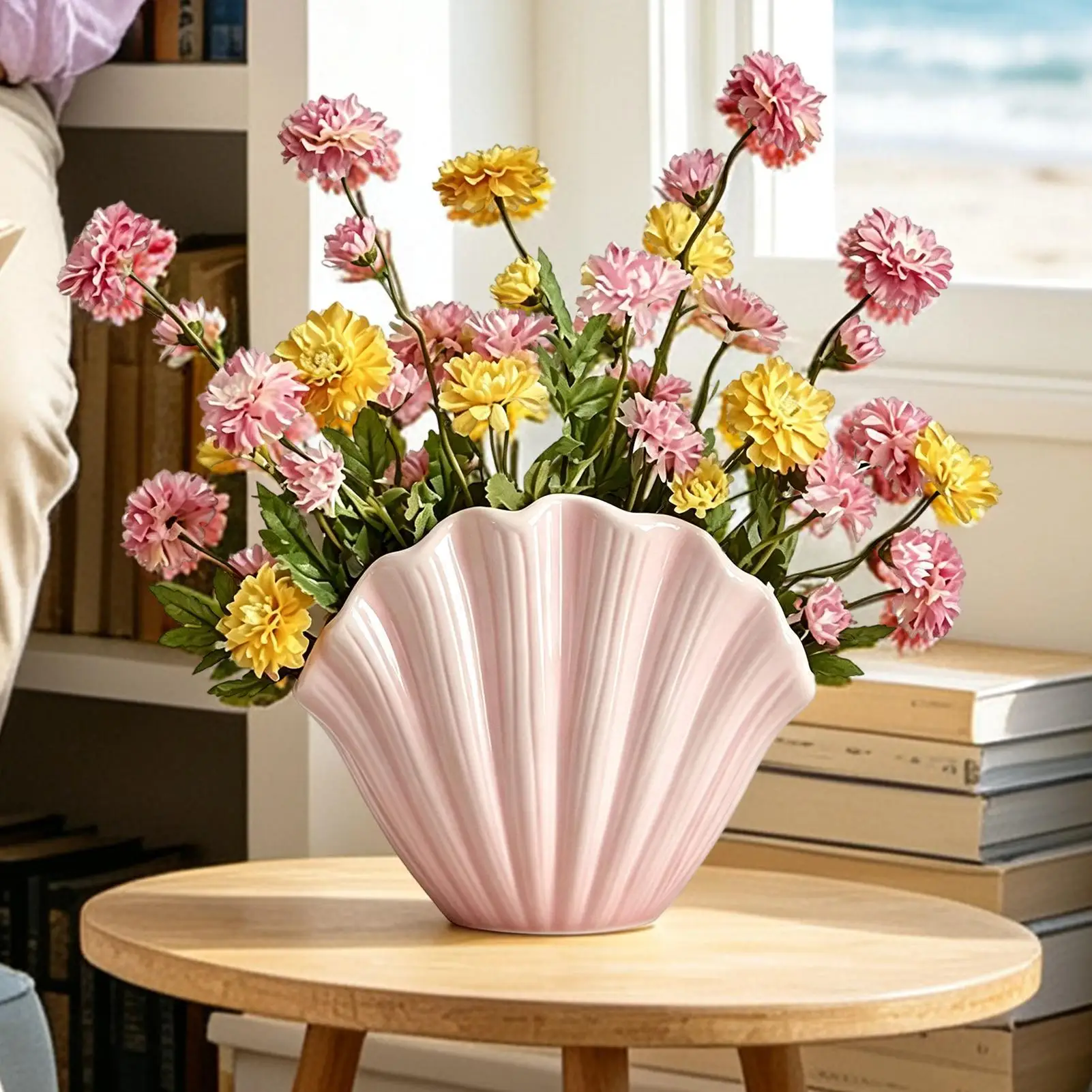 Seashell Vase Coastal Table Centerpiece Modern Aesthetic Clam Seashell for Makeup Brush Pen Storage Home Office Vanity Desk