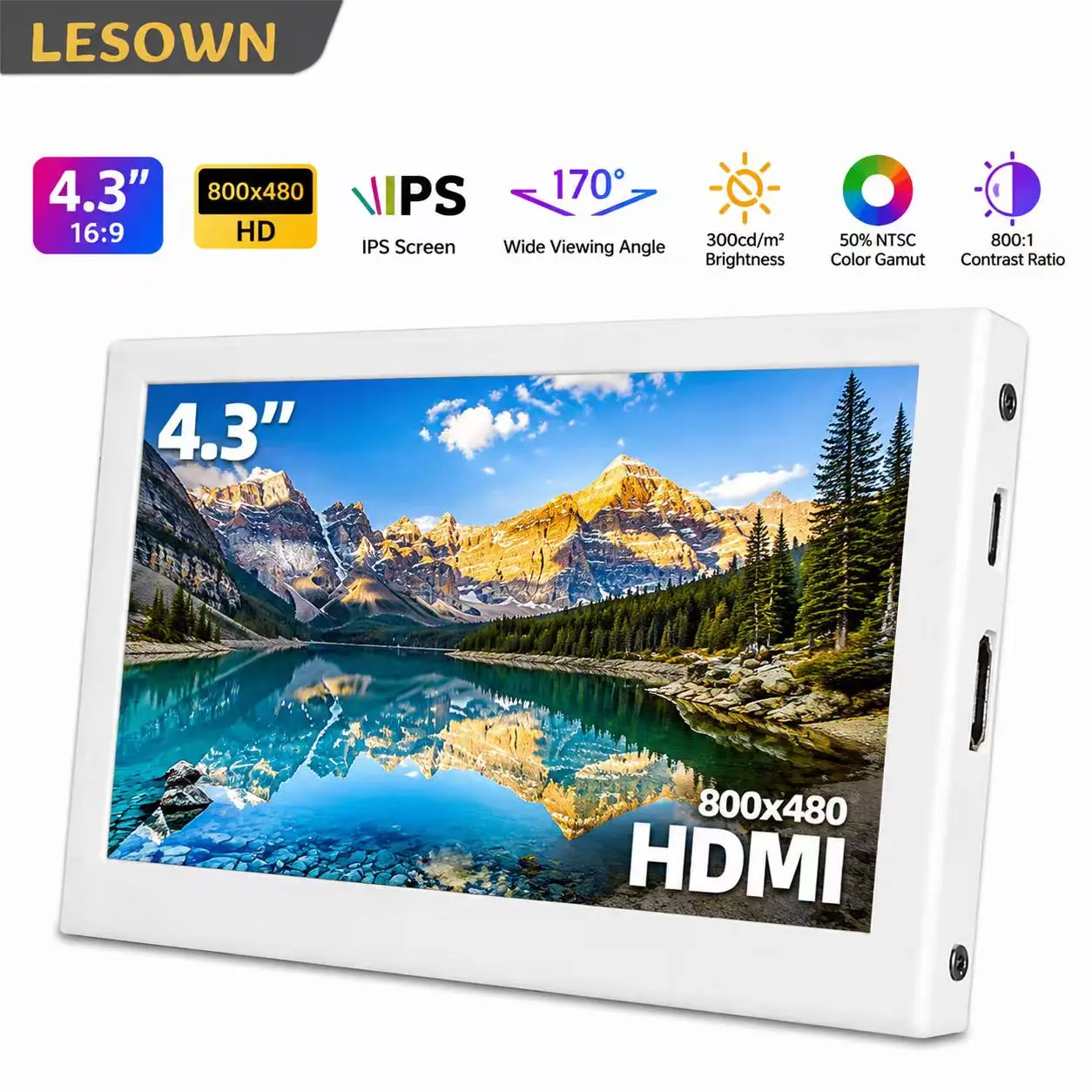 LESOWN 4.3 Inch SBC Monitor White Aluminum 800x480 miniHDTV Display Panel 60Hz for Raspberry Pi 5 4B Microcomputer