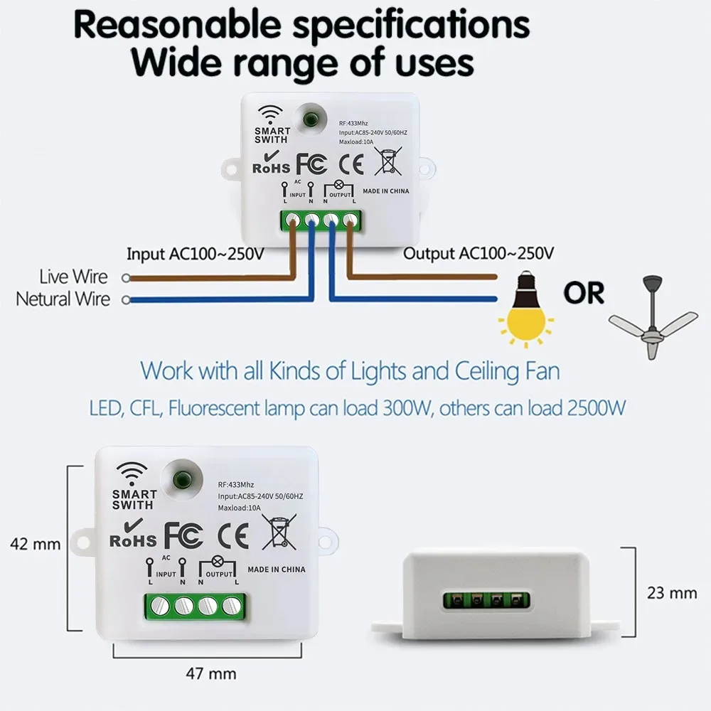 433MHz AC 110V 220V Wireless RF Remote Control Switch 1CH Relay Receiver With ON/OFF Transmitter For Led Light Bulb DIY Control