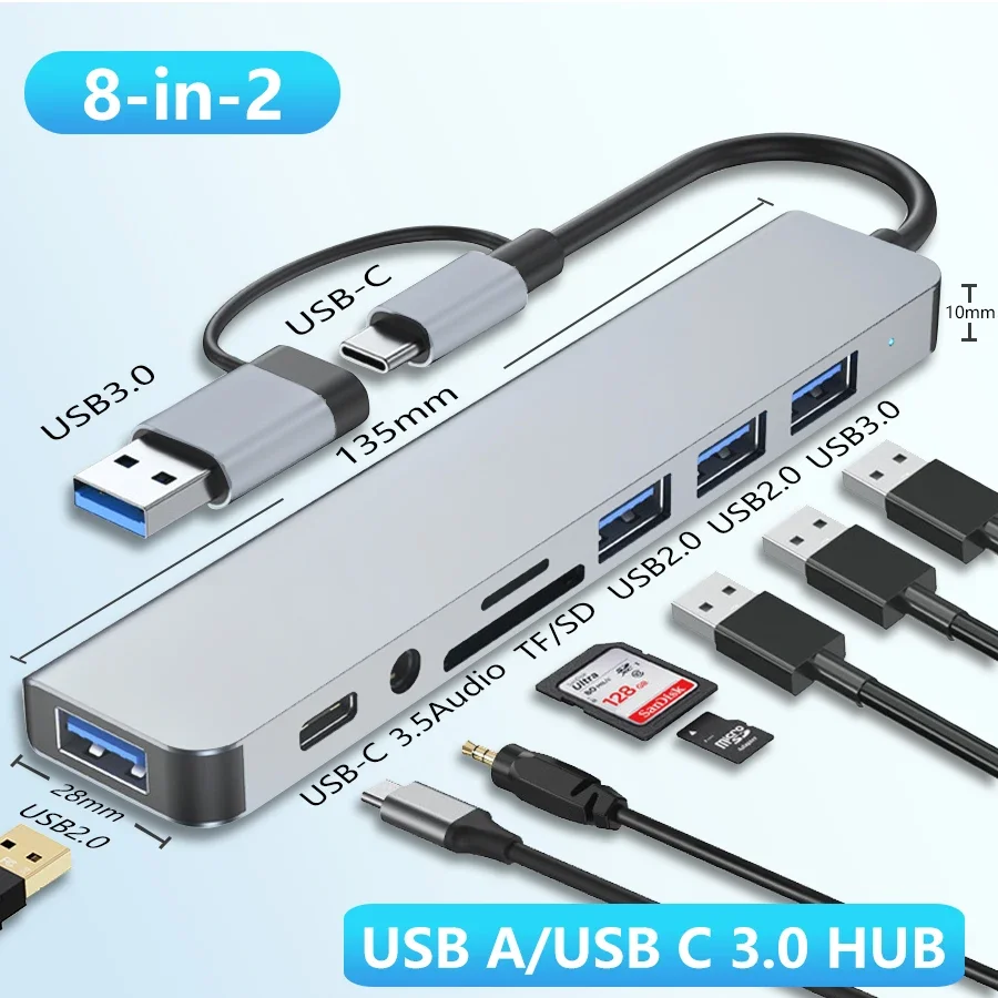 

8 in 2 HUB Docking Station Dual Interface USB-C USB3.0 Highspeed Data Transmission Compatible Multiple Systems Ports Distributor