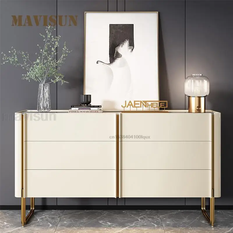 Simple Marble Top Stainless Steel Leg Kitchen Sideboard Modern Light Luxury Slate Living Room Side Cabinet With Six Drawers