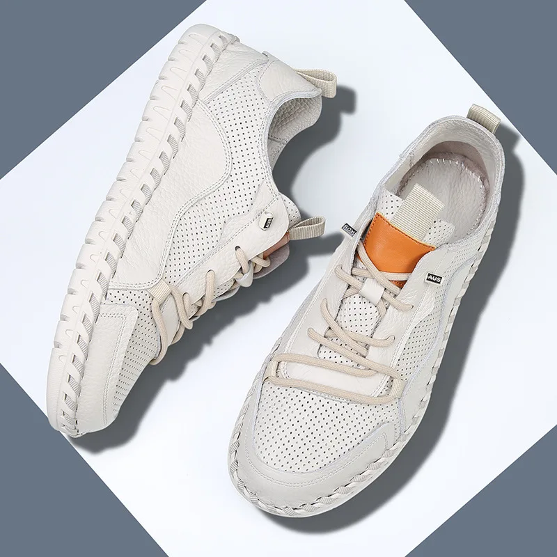 

The First Layer of Cowhide Mens Small Leather Shoes Summer New Hollow Breathable Casual Shoes Soft Sole Comfortable Doudou Shoe