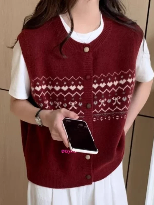 

Retro Fair Isle Knitted Open Cardigan Women's Spring New Lazy Sle Top Rainbow Button Vest Knitwear round Ne Loose Fit