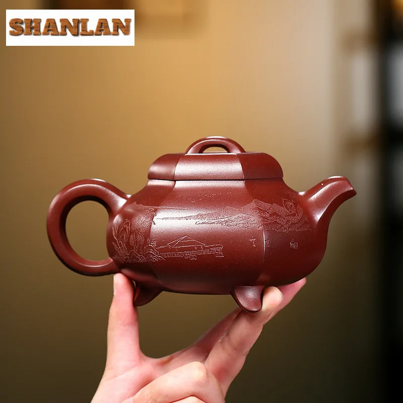 430ml Aesthetic Yixing Purple Clay Teapots Handmade Hexagonal Tripodia Pot Raw Ore Jujube Red Mud Kettle Zisha Tea Set Drinkware