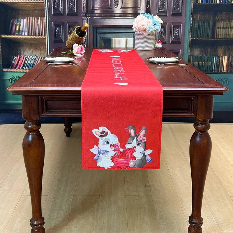 New Arrival Valentine's Day Gorgeous Warm and Fragrant Linen-like Table Runner For Dining Table Decoration Red Rabbit Home Decor