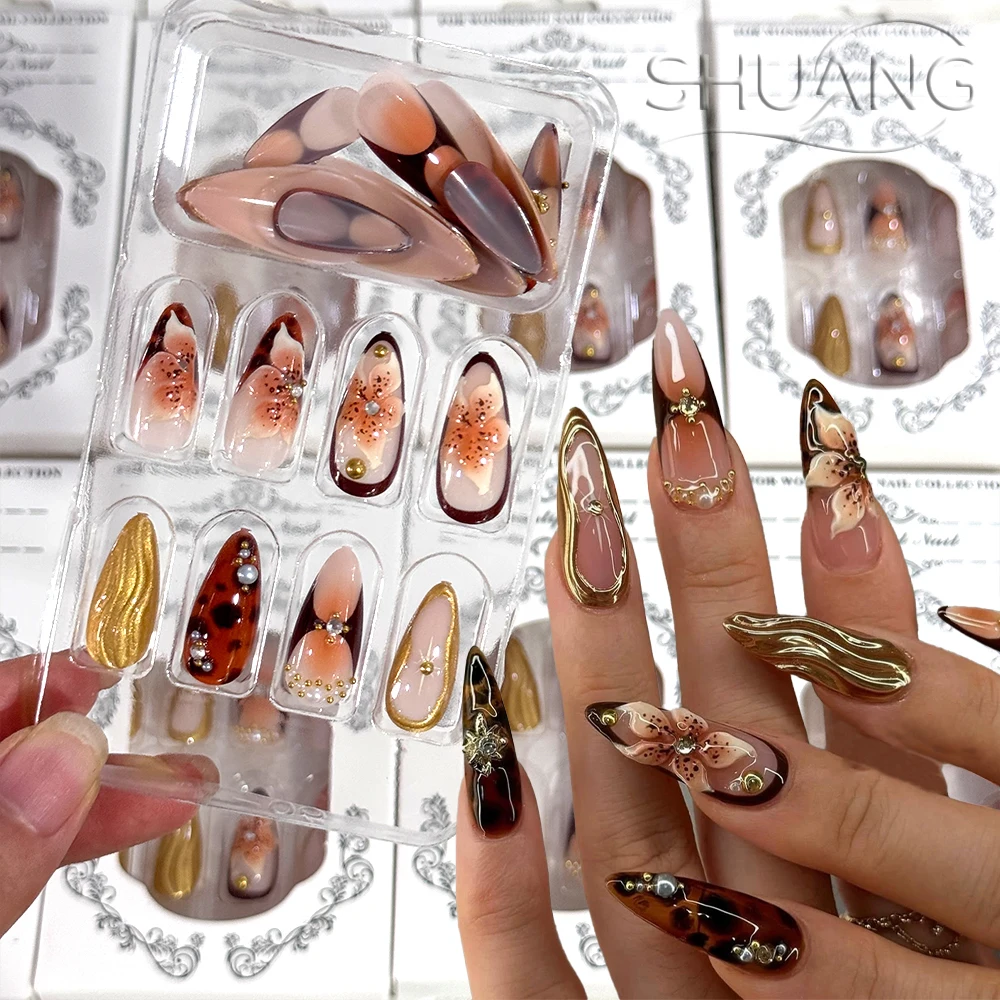 

24Pcs Retro 3D Amber Flowers Press on Nail Gold Ripple Pearl Rhinestone False Nails Y2k Brown Polka Dots Almond Fake Nail Tips_