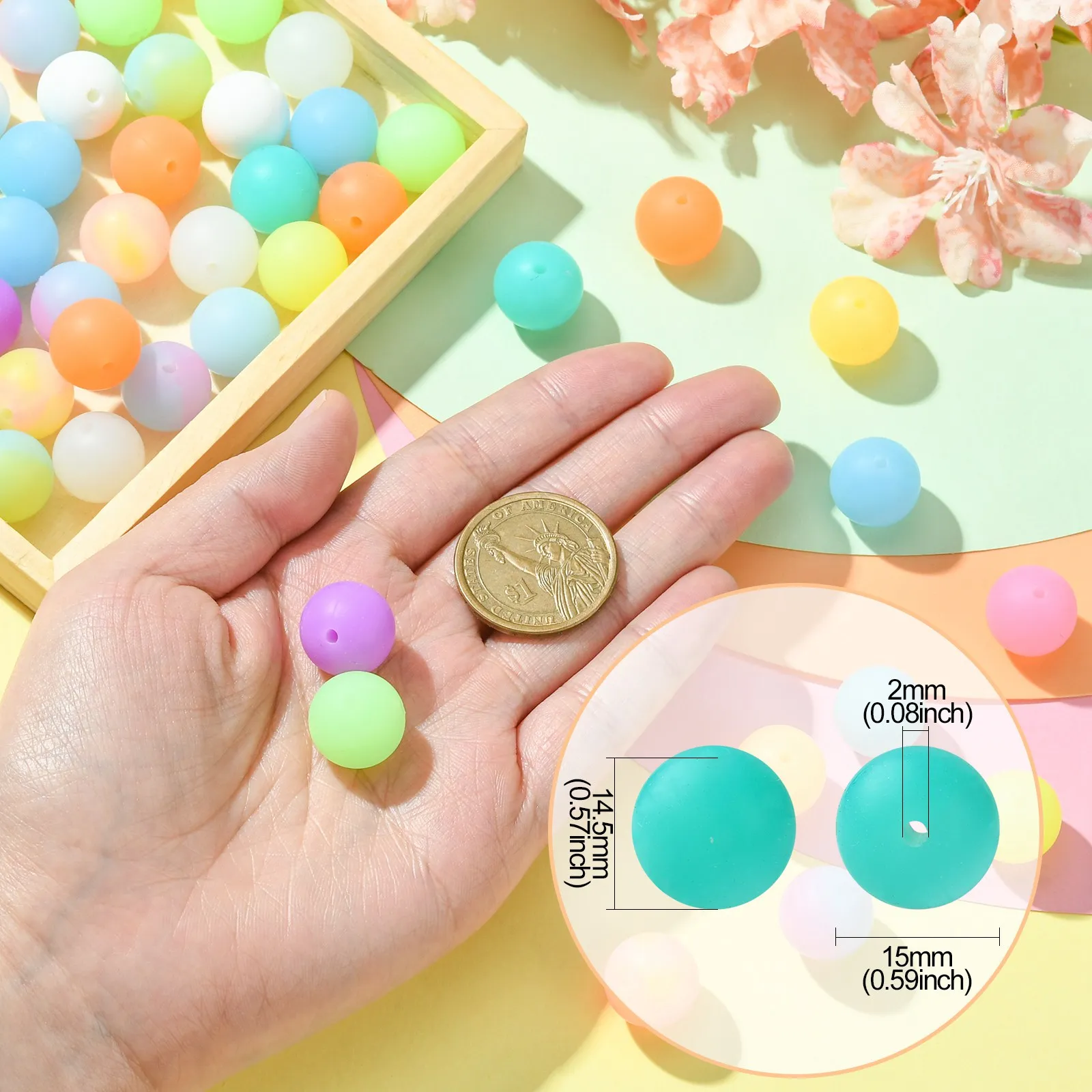 PandaHall 100 Stück Zufällige 15mm Im Dunkeln Leuchtende Silikonperlen Bunte Leuchtende Runde Bubblegum-Perlen für DIY-Bastelarbeiten – Detail 2