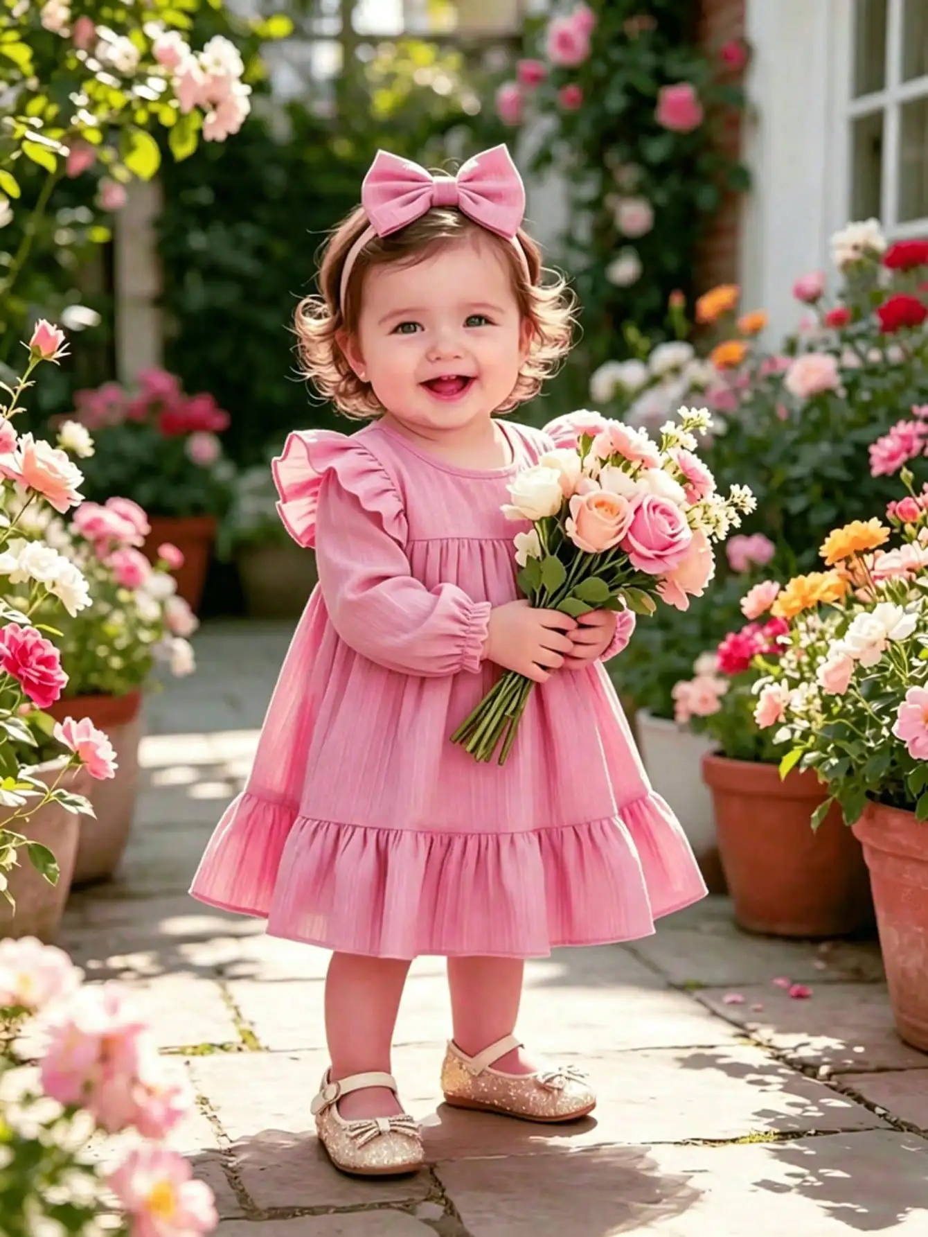 Children's Ruffled Long Sleeve Dress Casual round Neck Loose Knee-Length Skirt for Infants And Toddlers Mid-Length Skirt