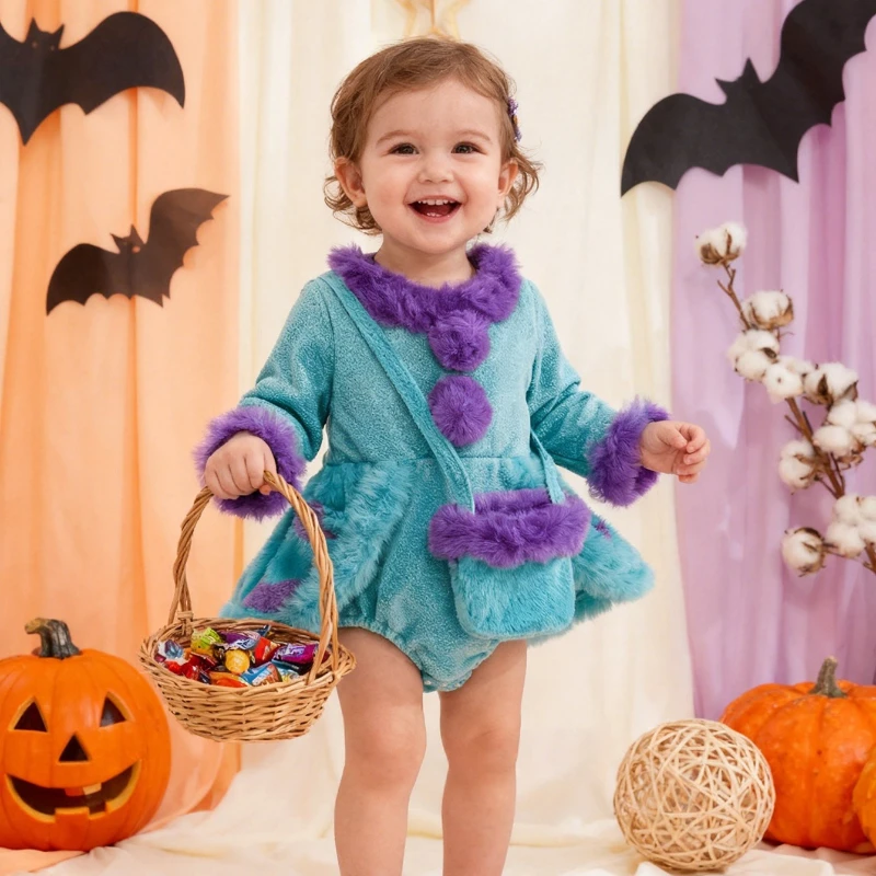 Teal Faux Fur Purple Trim Baby Romper with Bag Halloween Newborn Infant Toddler Cosplay Costume Outfit Clothes for Girls