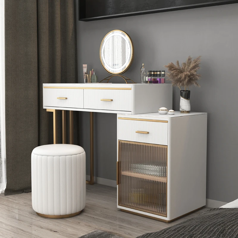 Light Mirror Vanity Table Makeup Aesthetic Minimalist Drawer Storage Dressing Table Cabinet Stool Schminktisch Bedroom Furniture